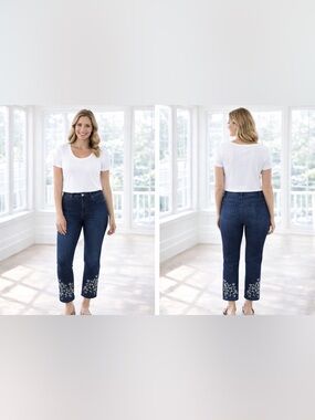Chico's Dark Blue Cropped Jeans with Hem Embroidery Size 16R - EUC